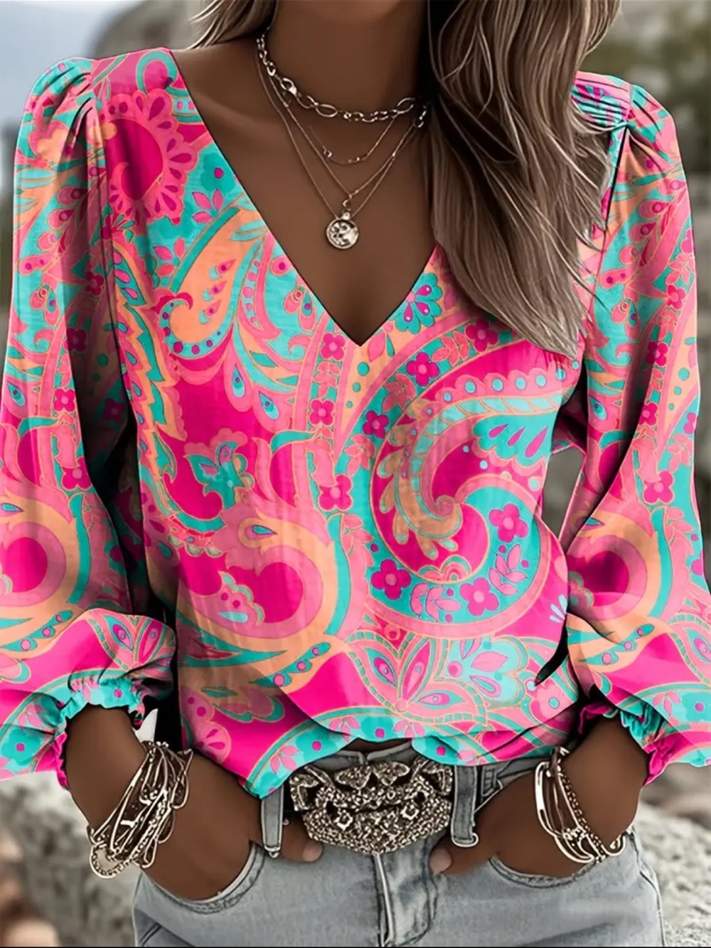 Pink Paisley V-Neck Blouse with Puff Sleeves